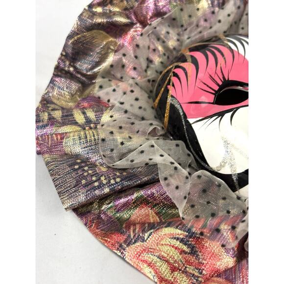 Vintage 1980s Mardi Gras Wall Mask 8" Pink Style Wall Hanging Decor Fabric - Picture 9 of 14
